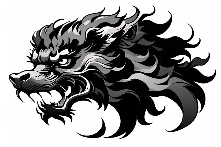 Japanese Waves Around Chinese Guardian Lion Head