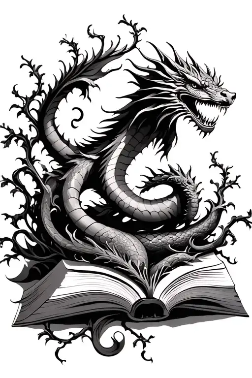 Book With Vines And Flying Dragon Emerging