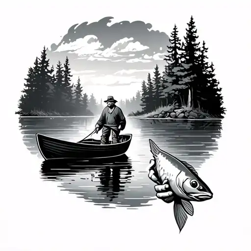 Old Man On A Boat And A Hand Holding A Fish On A Lake Beside The Woods