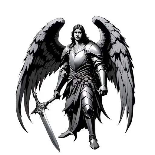 Archangel Metatron In Armor Standing Holding Sword Wings Open