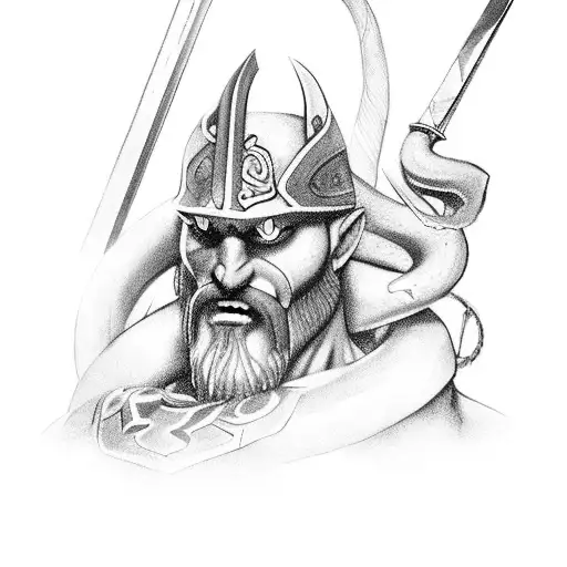 Escoleto With A Big Sword On His Backs With Snake Eyes And Looks Like Kratos