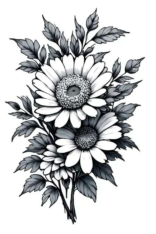 Daisy And Peony Flower Bouquet Fine Line Tattoo With Leaves And Stems