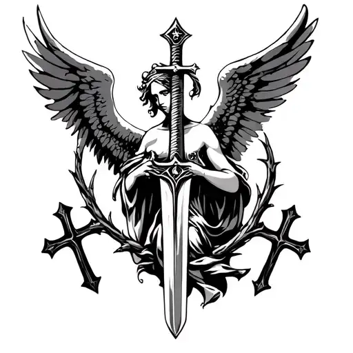 Angel With Sword With Thorns Around It With Crosses