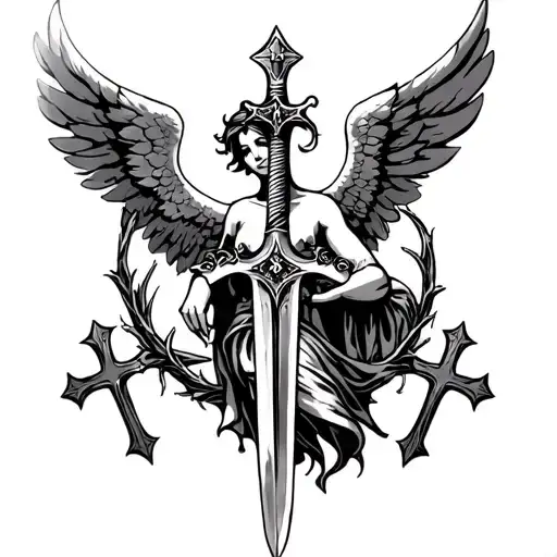 Angel With Sword With Thorns Around It With Crosses