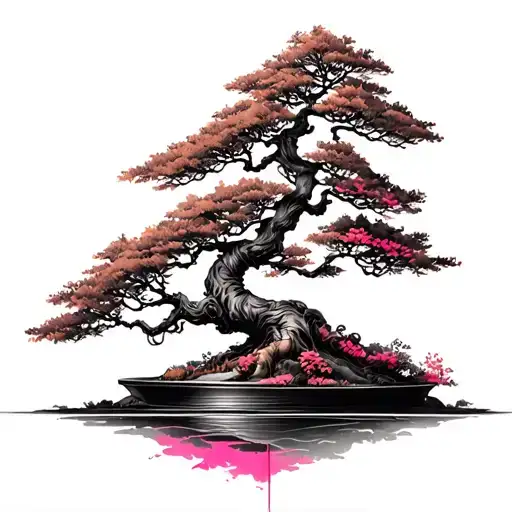Bonsai Tree Tattoo With Hints Of Brown And Mauve Pink For Sternum Area On Woman