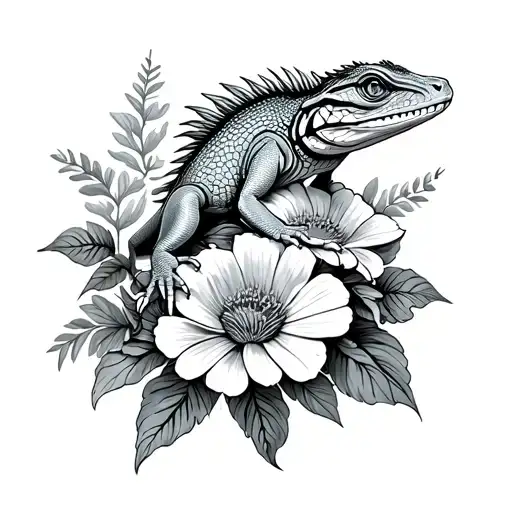 A Fine Line Mozart Lizard On Top Of Flowers