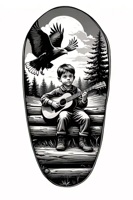 Little Boy Holding Guitar Sitting On A Log Cabin Porch With A Bald Eagle Flying In The Sky