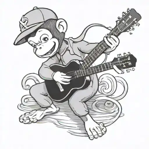 ''Curious George'' Playing A Guitar In Black And White Drawing