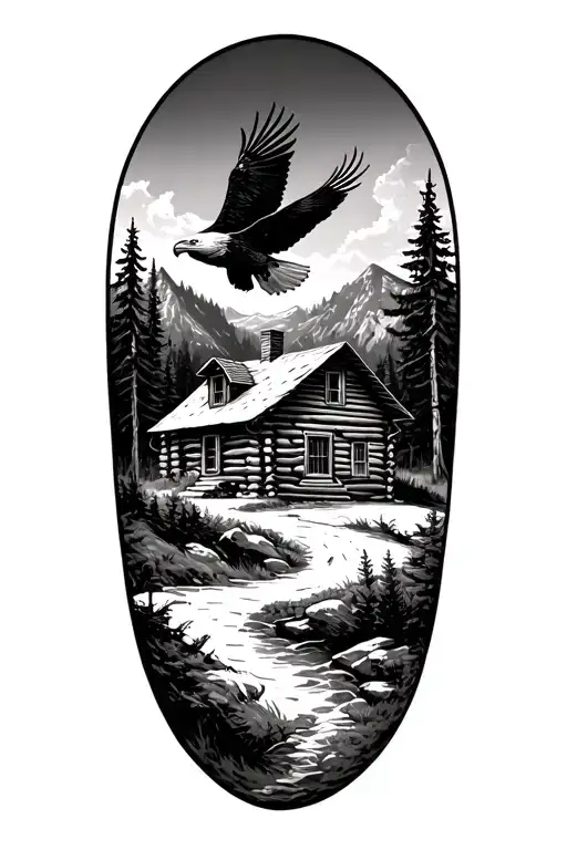 Log Cabin Up On A Mountain With A Bald Eagle Soaring In The Sky With A Acoustic Guitar
