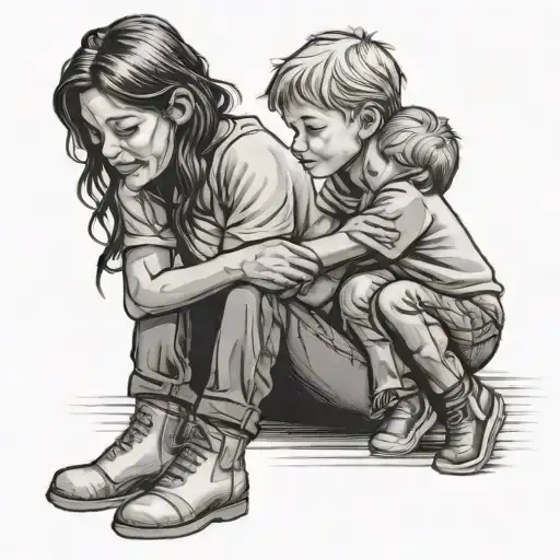 Mom And Son Sitting On A Stack