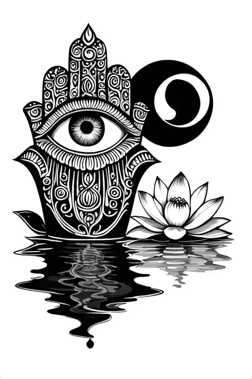 Hamsa Hand With Eye Surrounded By Moon Phase And Water Lilly