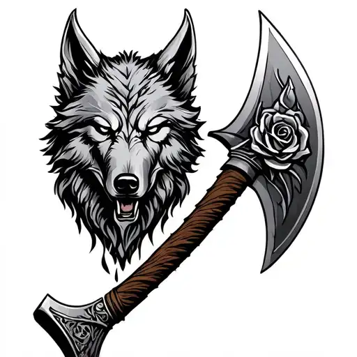 Viking Style Rose Axe And Wolf's Head