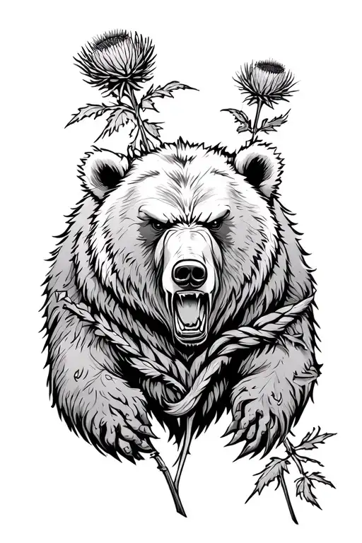 Angry Grizzly Bear & Scotch Thistle Intertwined Within