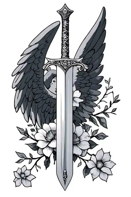 Sword With Angel Wings And Flowers