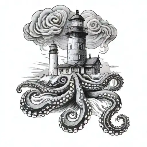 Realistic Octopus Wrapping Its Tentacles Around A Lighthouse With Waves Crashing Into It In