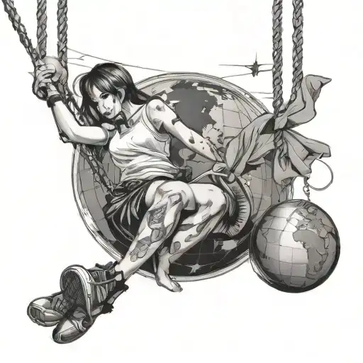 Swing Hanging From World Globe With A Young Woman Swinging Black And White