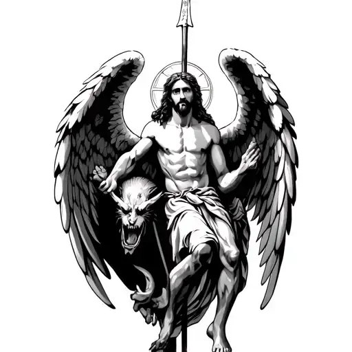 Angels Wings With Jesus Spearing A Demon