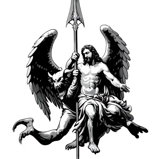 Angels Wings With Jesus Spearing A Demon With A Spear