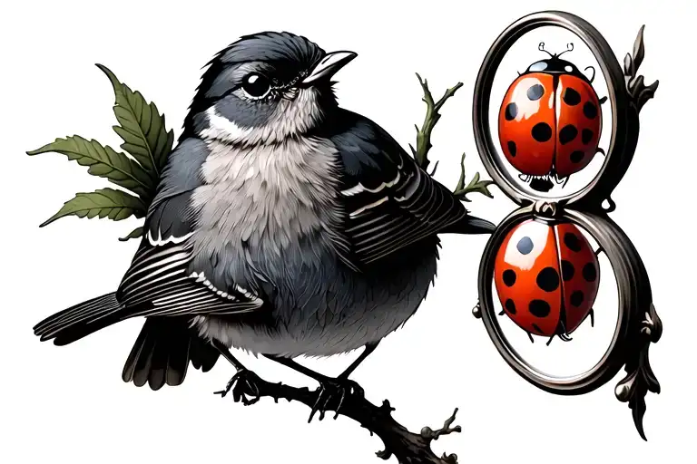 Robin Bird Looking In A Mirror Reflecting A Ladybug