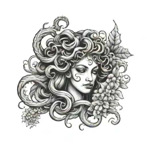 Medusa Surrounded By Flowers And Plants