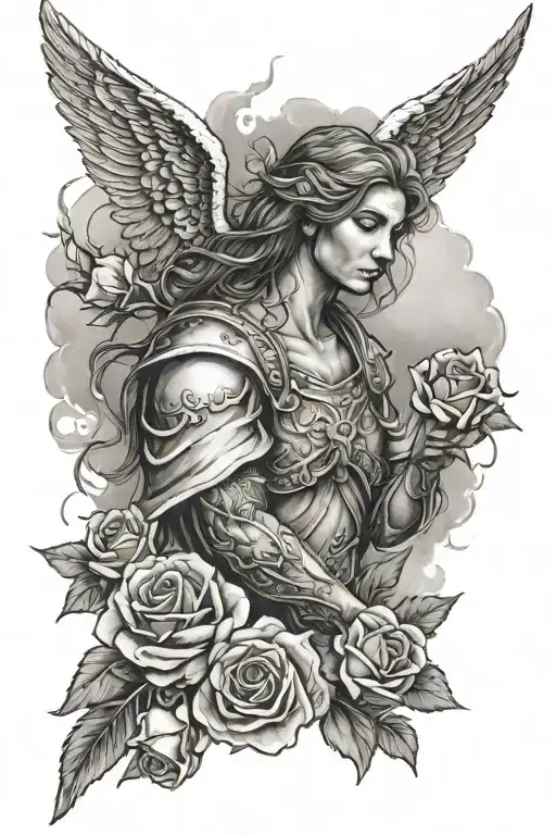 An Angel As A Warrior With Some Clouds And A Rose For A Halfsleeve