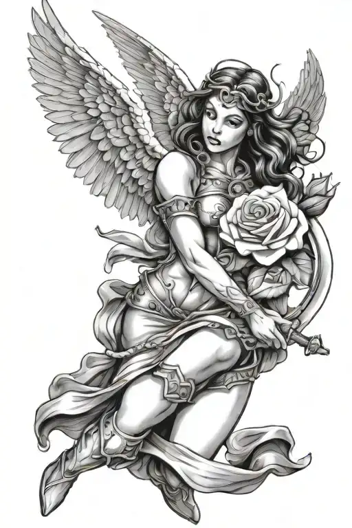 A Female Angel As A Warrior With Some Clouds And A Rose For A Halfsleeve