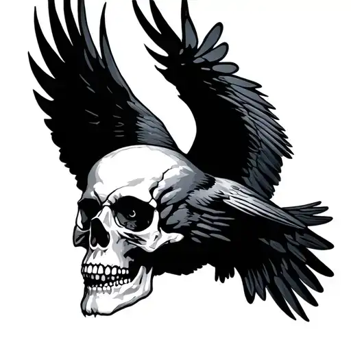 Raven Flying With A Negative Space Skull In The Wings