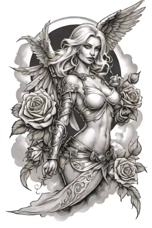 A Sexy Blond Female Angel As A Warrior With Some Clouds And A Rose For A Halfsleeve