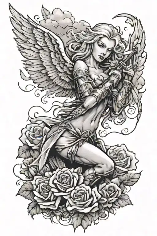 A Sexy Blond Female Angel As A Warrior With Some Clouds And A Rose For A Halfsleeve