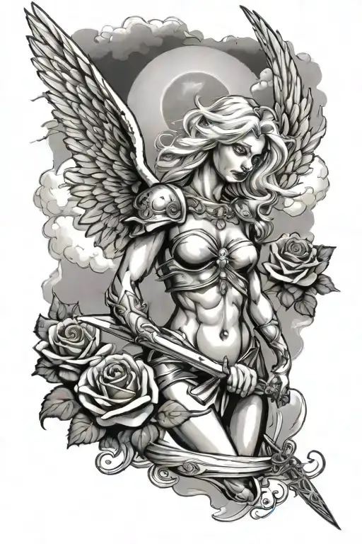 A Sexy Blond Female Angel As A Warrior With Some Clouds And A Rose For A Halfsleeve