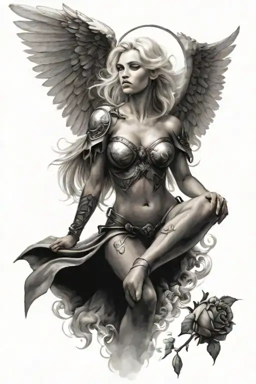 A Sexy Blond Female Angel As A Warrior With Some Clouds And A Rose For A Halfsleeve