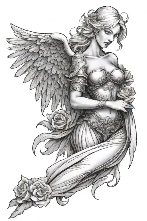 A Sexy Blond Female Angel As A Warrior With Some Clouds And A Rose For A Halfsleeve