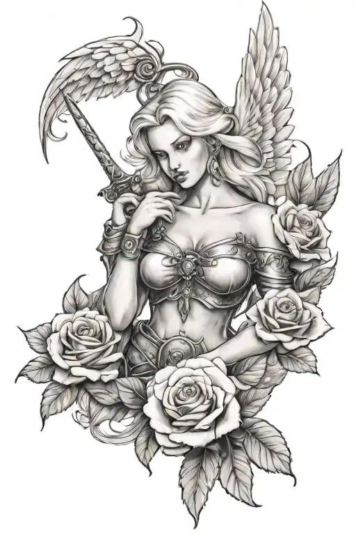 A Sexy Blond Female Angel As A Warrior With Some Clouds And A Rose For A Halfsleeve