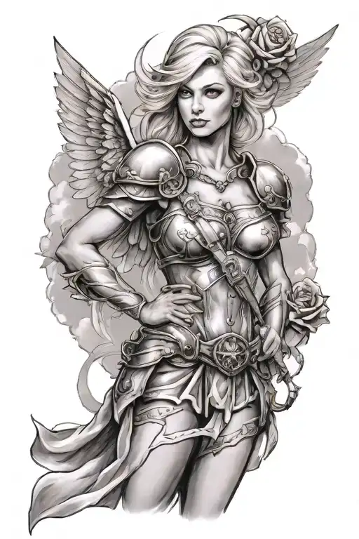 A Sexy Blond Female Angel As A Warrior With Some Clouds And A Rose For A Halfsleeve