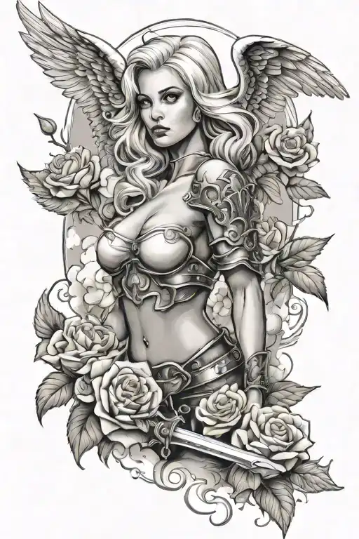 A Sexy Blond Female Angel As A Warrior With Some Clouds And A Rose For A Halfsleeve