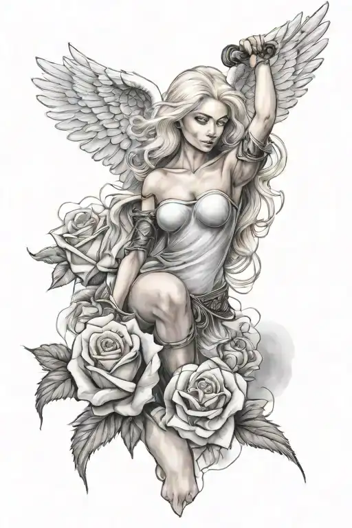 A Sexy Blond Female Angel As A Warrior With Some Clouds And A Rose For A Halfsleeve