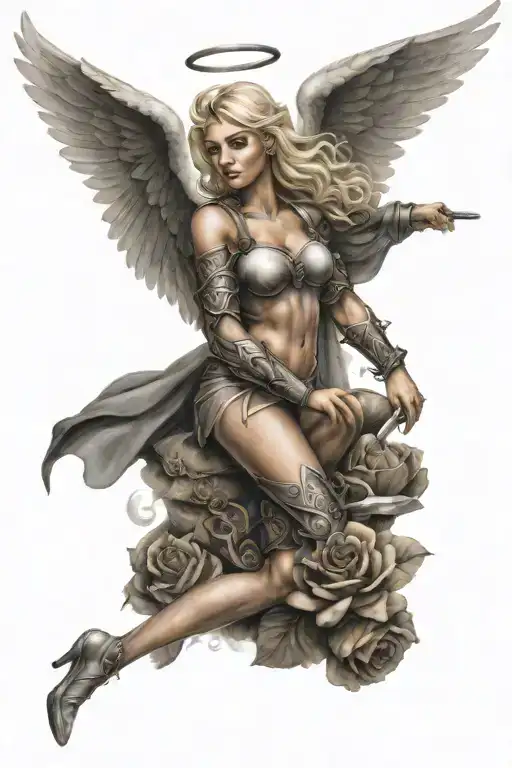A Sexy Blond Female Angel As A Warrior With Some Clouds And A Rose For A Halfsleeve