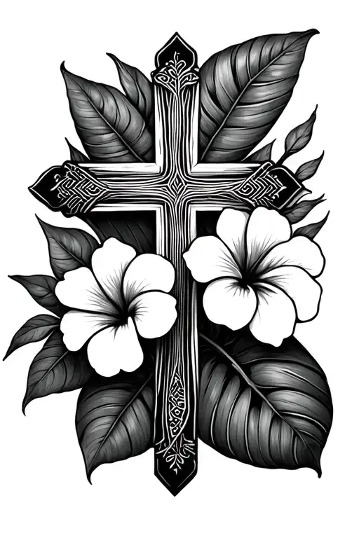 Fine Line Tattoo Feminine Cross With 3 Hibiscus Flowers And Monstera Leaves Behind It Tiny