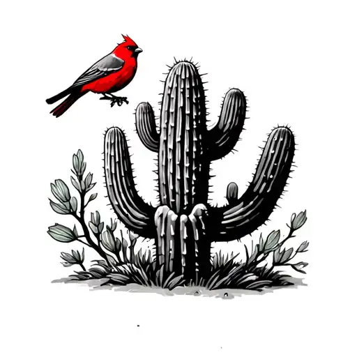 Saguaro Cactus With Red Bird Perched