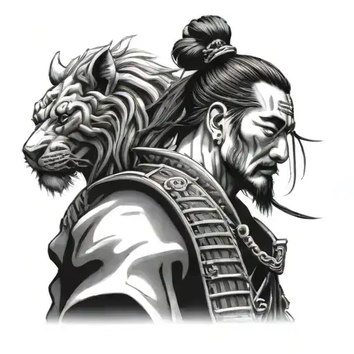 Japanese Samurai Warrior Sideview With Temple And Lion