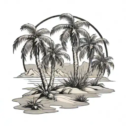 Palm Tree Oasis In Desert Landscape