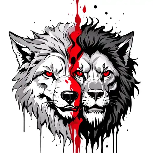 Lone Wolf And Lion Mixed Up With Death With Eyes As Red As Blood