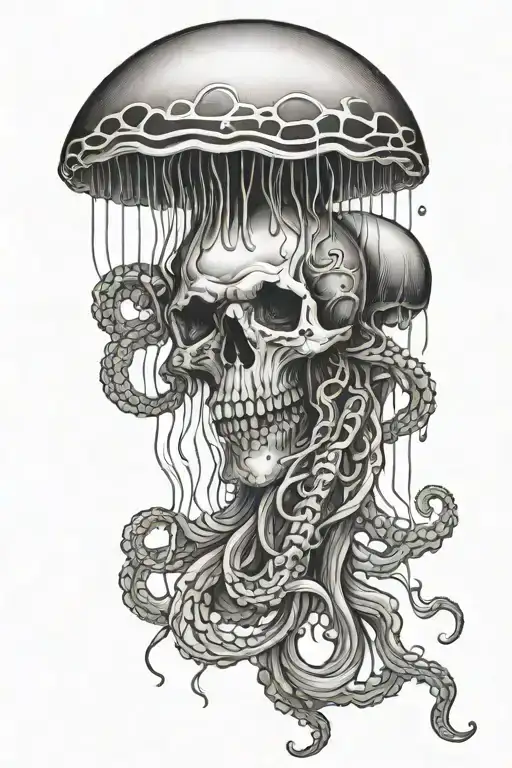 Jellyfish Gracefully Swimming With Skull