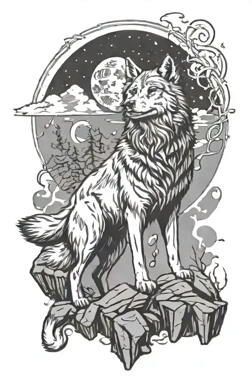 Full Bodied Wolf Climbin Rocks Howling Moon Silhoutte