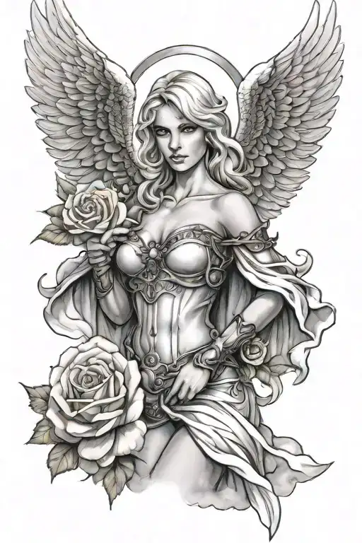 A Sexy Blond Female Angel As A Warrior With Some Clouds And A Rose For A Halfsleeve