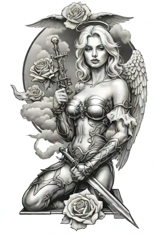 A Sexy Blond Female Angel As A Warrior With Some Clouds And A Rose For A Halfsleeve