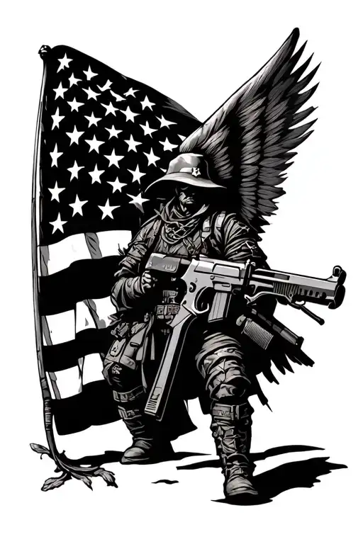 American Warrior With A Gun Intertwined An American Flag And A Cross