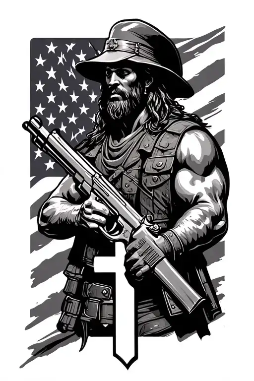 American Warrior With A Gun Intertwined An American Flag And A Cross