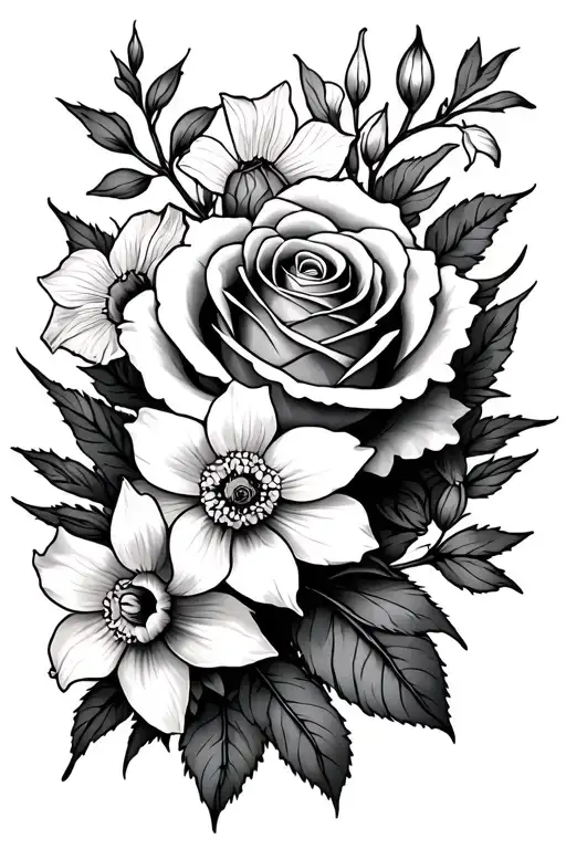 Rose Intertwined With Daffodils And Cosmos And Narcissus Feminine