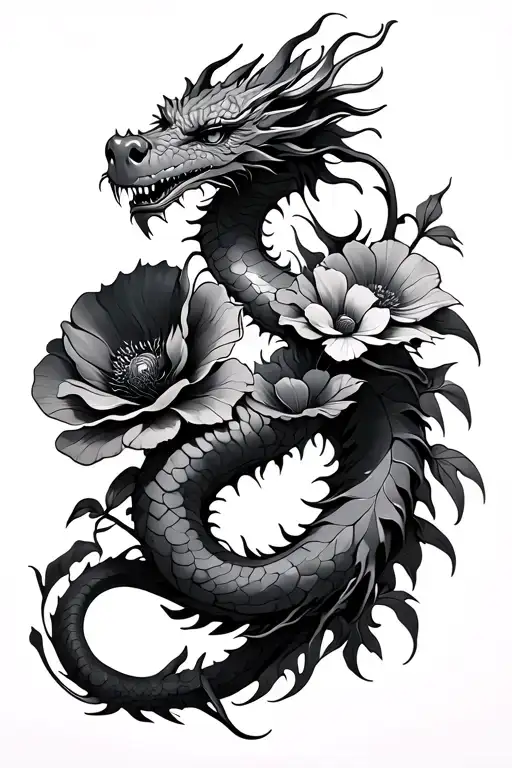 Dragon With Poppy Flowers Intertwined